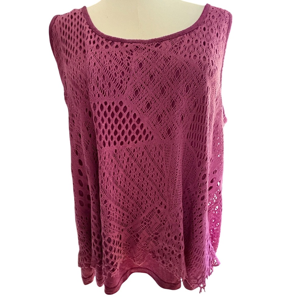 Magenta Crochet Layered Tank Top Sleeveless Boho Pointelle Knit Fringed Hem
